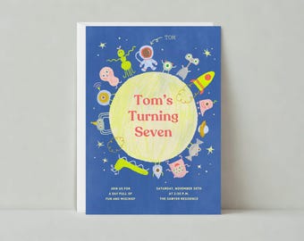 Modello di invito per festa di compleanno per bambini personalizzabile senza carta / Astronauti, alieni, spazio, luna, spazio esterno, stelle / Download immediato