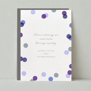 Modelo de convite para festa de aniversário infantil personalizável sem papel | Violeta, pontos, brilhante, roxo, pastéis, simples | Download instantâneo