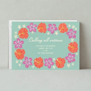 Papierloze post aanpasbare sjabloon voor kinderverjaardagsfeestje | Bloemblaadjes, bloemen, licht, Hawaïaans, cursief, bloemen | Direct downloaden