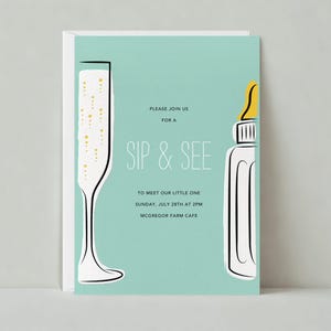 Plantilla de invitación para fiesta Sip And See personalizable sin papel / Ilustrativa / Baby Shower, vino, botella, verde / Descarga instantánea