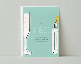 Paperless Post Customizable Sip And See Party Invitation Template | Illustrative | Baby Shower, Wine, Bottle, Green | Instant Download