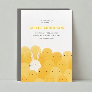 Plantilla de invitación para fiesta de Pascua personalizable sin papel / Pollitos, conejitos, lindos, conejos, blanco, amarillo, brunch / Descarga instantánea