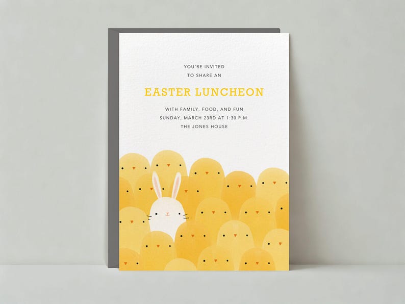 Paperless Post Customizable Easter Party Invitation Template | Chicks, Bunnies, Cute, Rabbits, White, Yellow, Brunch | Instant Download