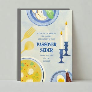 Plantilla de invitación para fiesta de Pascua personalizable sin papel / Platos, utensilios, huevos, sopa de bolas de matzá, manzanas / Descarga instantánea