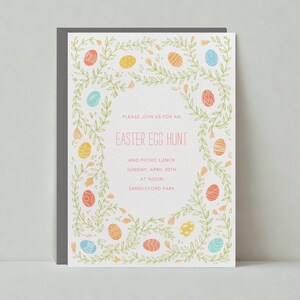 Plantilla de invitación para fiesta de Pascua personalizable sin papel / Huevos decorados, primavera, plantas, hojas, pasteles / Descarga instantánea