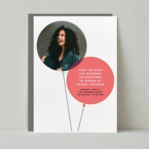 Papierlose Post Anpassbare Geburtstagsfeier Save The Date Vorlage | Foto, Luftballons, Rosa, Blau, Modern, Party Decor | Sofort Download