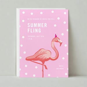 Papierloze post aanpasbare sjabloon uitnodiging zomerfeest | Grafisch | Aquarel, flamingo's, verf | Direct downloaden