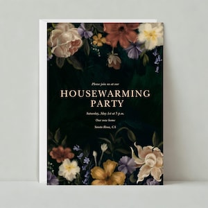 Invitación de inauguración de casa / Flores, negro, rosa, romántico, floral / Plantilla personalizable sin papel / Descarga instantánea