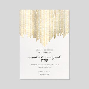 May include: A white invitation with gold glitter accents for a bat mitzvah. The invitation reads "Join the Goldbergs in celebrating Sarah's Bat Mitzvah" with the Hebrew word for "Sarah" in gold. The invitation includes the date, time, and location of the event.