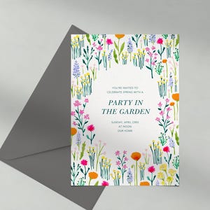 Modelo de convite para festa de primavera | Alegre e vibrante, rústico | Flores pintadas | Download instantâneo, personalizável | Postagem sem papel