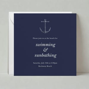 Uitnodiging zomerfeestje | Eenvoudig en minimaal, grafisch | ankers, marineblauw | Aanpasbare sjabloon papierloze post | Direct downloaden