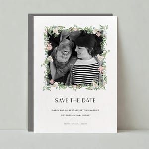 Papierloze post aanpasbare bruiloft-save-the-date-sjabloon | Illustratief | Botanisch, bloemblaadjes, bloemen, foto, bladeren | Direct downloaden