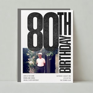 Plantilla de invitación para fiesta de cumpleaños personalizable sin papel / Negrita y tipográfica / Foto, números, 80.° aniversario / Descarga instantánea
