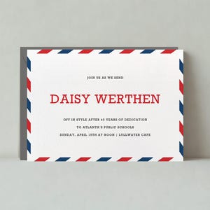 Zaproszenie na przyjęcie emerytalne | Grafika, Nieformalne | Przyjęcie pożegnalne, Opłata pocztowa, Poczta | Szablon poczty bez papieru, który można dostosować | Natychmiastowe pobranie
