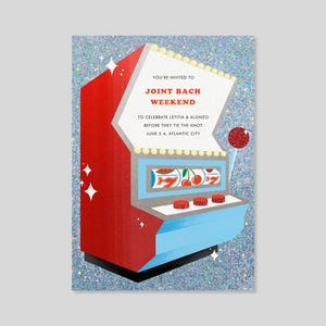Papierloze post aanpasbare sjabloon uitnodiging vrijgezellenfeest | Bachelorette, Las Vegas, gokautomaat, rood, blauw | Direct downloaden