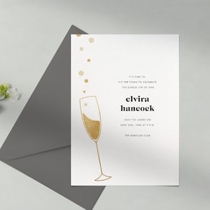 Papierloze post aanpasbare sjabloon voor de uitnodiging van het vrijgezellenfeest | Modern | Feestelijk, champagne, cursief, prosecco | Direct downloaden