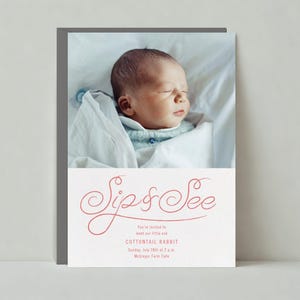 Paperless Post Anpassbare Sip And See Party Einladung Vorlage | Babyparty, Foto, Schreibschrift, Schnörkel, Weiß, Rosa | Sofort Download