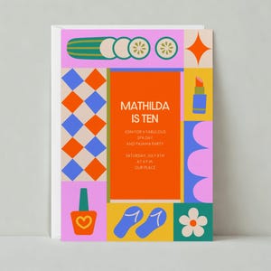Uitnodiging verjaardagsfeestje voor kinderen | Grafisch, retro, illustratief | Lippenstift, komkommer | Aanpasbare sjabloon voor papierloze post | Direct downloaden