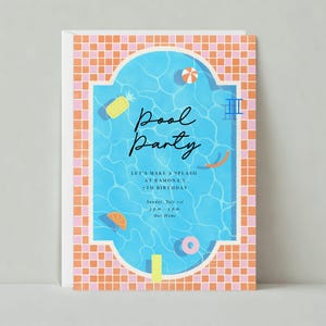 Kindergeburtstag-Einladung | Illustrativ | Donut, Pool, Pool-Spielzeug, Ananas |Anpassbare Vorlage für die papierlose Post | Sofort Download