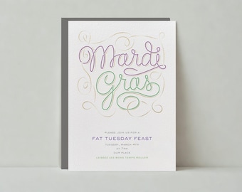 May include: Mardi Gras invitation card with purple and green script lettering. The card includes the text "Please join us for a Fat Tuesday Feast" and other details. The card has a white background and a gray border.