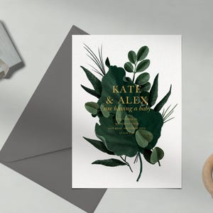Modèle personnalisable d'invitation de fête de naissance sans papier | Illustration | Feuilles d'eucalyptus, vert, verdure | Téléchargement instantané