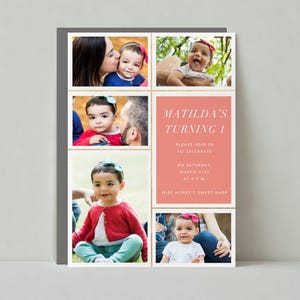 Paperless Post Anpassbare Kinder-Geburtstags-Party Einladung Vorlage | Babyparty Foto, Bordüre, Linien, Rosa, Gold | Sofort Download