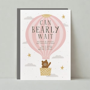 Babypartyeinladung | Illustrativ | Sanfte Farben, Heißluftballon, Bär, Wolken |Anpassbare Vorlage für papierlose Post | Sofort Download