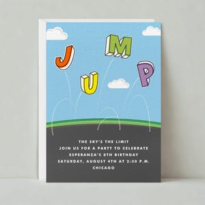 Convite para festa de aniversário infantil | Salto, Nuvens, 8º, Azul | Modelo personalizável para postagem sem papel | Download instantâneo