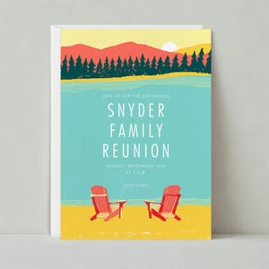 Papierloze post aanpasbare sjabloon uitnodiging familiereünie | Strand, Adirondack-stoelen, Sunet, Retreat, Rustig | Direct downloaden
