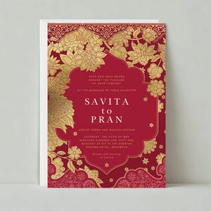 May include: Red and gold wedding invitation with ornate floral designs. The invitation announces the marriage of Savita to Pran on Saturday, May 5th, 1951 at 6:00 PM at the Khanna Hotel in Brahmpur.
