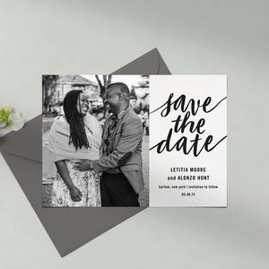 Plantilla personalizable para guardar la fecha de boda sin papel / Boho, atrevida y tipográfica / Foto, escritura, simple / Descarga instantánea