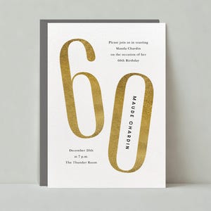 Plantilla de invitación para fiesta de cumpleaños personalizable sin papel / Negrita y tipográfica / Dorada, números, 60.° aniversario / Descarga instantánea