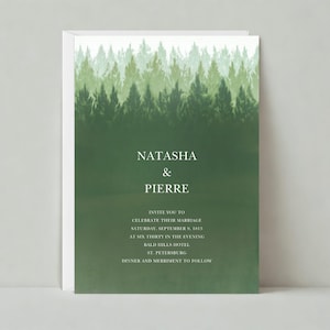 Papierloze post aanpasbare sjabloon huwelijksuitnodiging | Rustiek | bomen, bossen, dennen, eenvoudig, bos, groen | Direct downloaden