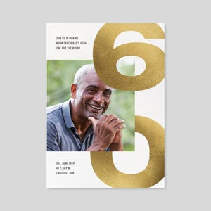 Plantilla de invitación para fiesta de cumpleaños personalizable sin papel / Negrita y tipográfica / 60, dorado, foto / Descarga instantánea