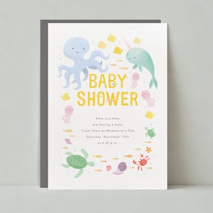 Baby Shower Einladung Vorlage | Illustrativ | Meerestiere, Perlen, Narwale, Schildkröten | Sofort Download, personalisierbar | Papierlose Post