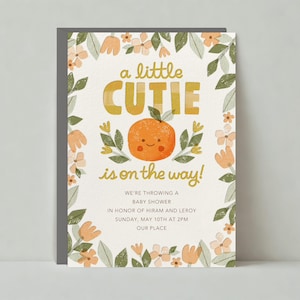 Plantilla de invitación para baby shower personalizable / Ilustrativa / Flores, hojas, claro, naranja, cursiva / Descarga instantánea / Publicación sin papel