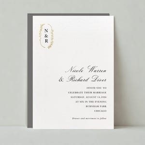 May include: A white wedding invitation with a gold floral monogram of "N&R" at the top. The invitation reads "Nicole Warren & Richard Diver invite you to celebrate their marriage Saturday, August 14, 1926 at six in the evening Burnham Park Chicago Dinner and merriment to follow."