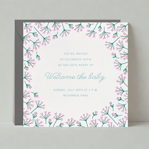 Paperless Post Anpassbare Babypartyeinladungsvorlage | Illustrativ | Frühling, Stiele, Blumen, Blütenblätter, Schreibschrift | Sofort Download