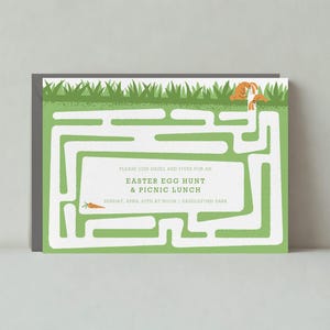 Plantilla de invitación para fiesta de Pascua personalizable sin papel / Primavera, zanahoria, laberinto, hierba, conejos, artístico, lindo / Descarga instantánea