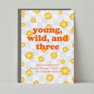 Invitation de fête d'anniversaire d'enfants | Gai et dynamique | Fleurs jaunes, super cool | Modèle personnalisable de publication sans papier | Téléchargement instantané