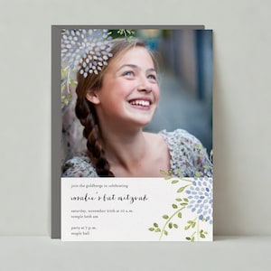 Modello di invito per festa di Bar e Bat Mitzvah personalizzabile senza carta / Rustico / Steli, Petali, Acquerello, Foto / Download immediato