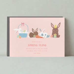 Plantilla de invitación para fiesta de Pascua personalizable sin papel / Cesta, zanahoria, huevos, conejitos, pasteles, conejos, marrón / Descarga instantánea