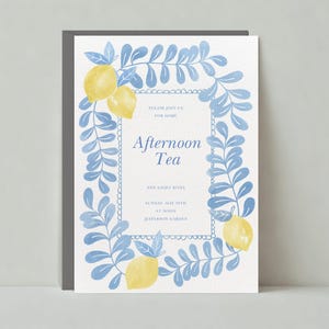 Modello di invito per il Tea Party personalizzabile senza carta / Cornice, bordi smerlati, limone, smerlato, frutta, agrumi / Download immediato