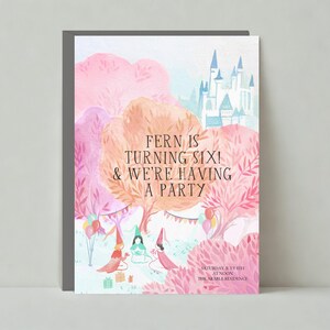 Modello di invito per festa di compleanno per bambini personalizzabile senza carta / Bandierine, palloncini, castelli, principesse, rosa, blu / Download immediato