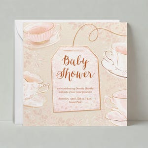 Paperless Post Anpassbare Babypartyeinladungsvorlage | Aquarell, Teetassen, Blumen, Rosa, Teebeutel | Sofort Download