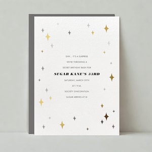 Modelo de convite de festa de aniversário personalizável sem papel | Brilhante, metálico, prateado, dourado, lua e estrela | Download instantâneo