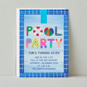Uitnodiging zwembadfeest | Strandfeest, kinderverjaardag, lijst, strandbal, rand, zwembad | Aanpasbare sjabloon papierloze post | Direct downloaden