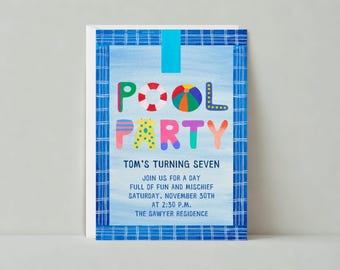 Pool Party Invitation | Beach Party, Kids Birthday, Frame, Beach Ball, Border, Pool |Paperless Post Customizable Template | Instant Download