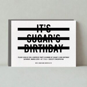 Plantilla de invitación de fiesta de cumpleaños personalizable sin papel / Negrita y tipográfica / Tachado, Negro, Palabras / Descarga instantánea