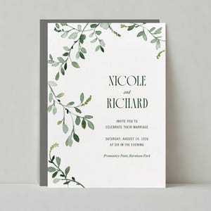 Modelo de convite de casamento personalizável sem papel | Boho, ilustrativo | aquarela, verde | Download instantâneo